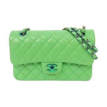 【二手名牌BRAND OFF】CHANEL 香奈兒 綠色 羊皮 菱格紋 Classic Double Flap 肩背包 金扣 鍊帶