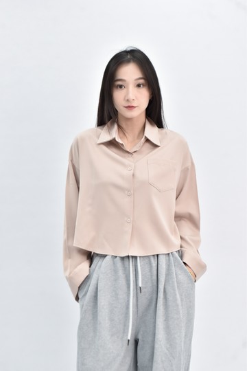 【加購優惠】(XL) yuanchuangjid 短版排扣長袖淡橘色襯衫上衣