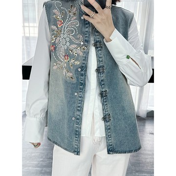 【韓國K.W.】KN3259現貨牛仔刺繡高工藝珍珠扣背心(造型上衣/T恤/背心/針織)