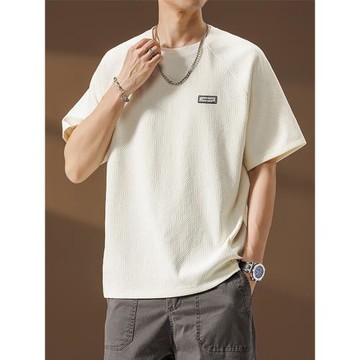 日系復古冰絲潮流短袖t恤男2025夏季薄款寬松肌理感圓領半袖上衣