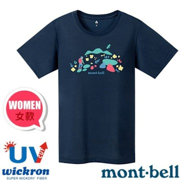 【mont-bell】女 Wickron 抗UV吸濕排汗LOGO短袖T恤(彩色小徑).圓領衫.運動上衣_1114537 NV 海軍藍