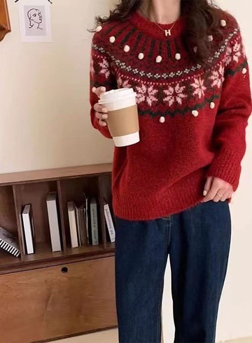 新年款毛絨圓領緹花毛衣