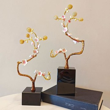 黃瑪瑙天然石琺瑯彩家居擺件新中式客廳玄關電視柜桌面創意裝飾品