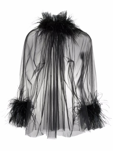 STYLAND - sheer feather-trimmed blouse - women - Ostrich Feather/Recycled Polyamide - S - Black