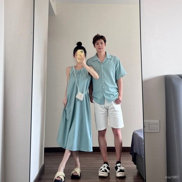 網紅情侶裝夏季一裙一衣超火法式中長款短袖T恤連衣裙小衆設計感 L4PI