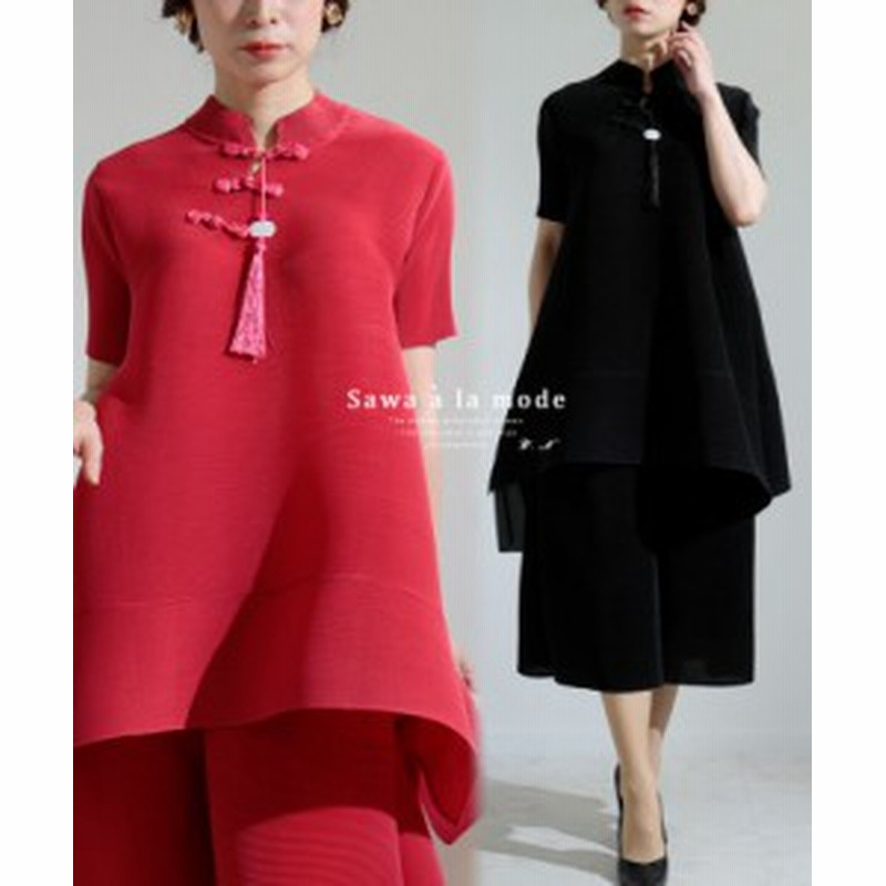 春新作 アコーディオンプリーツのチャイナ風セットアップ レディース ファッション セットアップ レッド ブラック 赤 黒 半袖 大人可愛い 通販 Lineポイント最大1 0 Get Lineショッピング