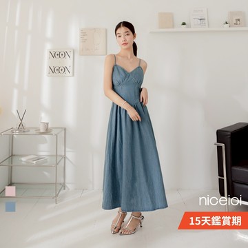 niceioi【特惠】度假洋裝 細肩帶洋裝 傘擺裙 2色 [甜辣修身抓褶細肩牛仔洋裝] 女裝 5Y44F003