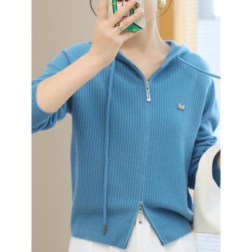 秋冬100%全羊毛拉鏈開衫女高檔毛衣連帽針織小個子外套短款羊毛衫