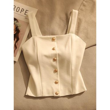 法式別致紐扣吊帶背心女內搭夏2023新款修身短款露臍打底無袖上衣