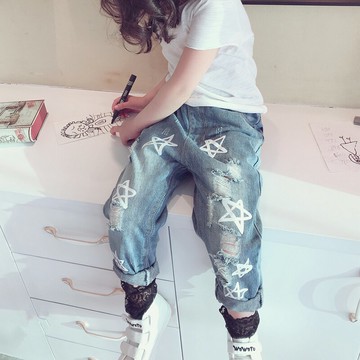 女童秋裝潮流五角星破洞牛仔褲 兒童帥氣休閑褲寶寶童長褲1入