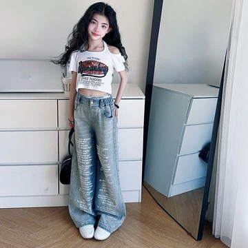 【中大女童/親子裝】美式嘻哈牛仔闊腿褲+露肩T恤(拆賣)