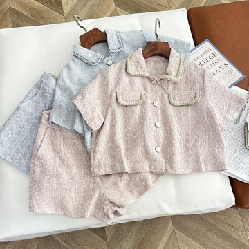 時尚小香風兩件套別致復古優雅修身顯瘦短款上衣+粗花呢高腰短褲I