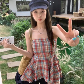 C甜橙家大碼夏季新款設計感撞色格子上衣不規則修身顯瘦抹胸