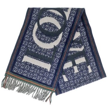 LOEWE 藍色/米色滿版品牌標喀什米爾羊毛混紡圍巾