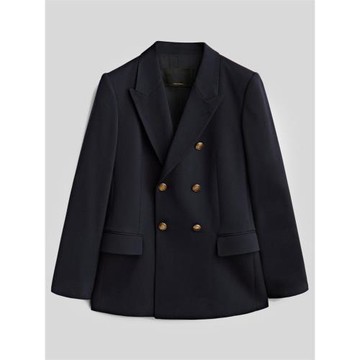 早秋新款 MD高端女裝 藏青色通勤休閑金屬雙排扣羊毛西裝外套上衣