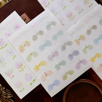 壹洱二號店鹽系復古手帳素材貼紙【花間蝴蝶】貼紙和紙不干膠2張