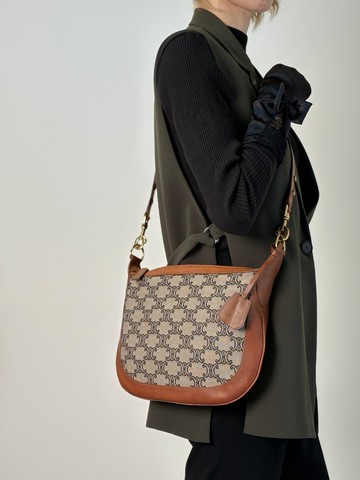 【日本直送名牌二手包】CELINE  સélène 馬車 LOGO 側肩包 棕色 皮革×帆布 半肩包 vintage sun8w8