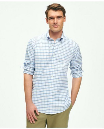 Brooks Brothers Men's Stretch Cotton Non-Iron Oxford Polo Button Down Collar, Windowpane Shirt | Blue | Size 2XL