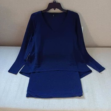 歐美單V領T恤衫假兩件針織包臀裙修身顯瘦遮肉長袖女裙冰絲上衣