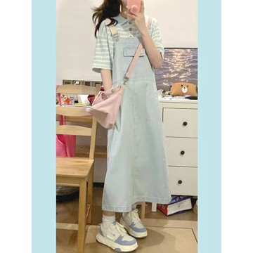 女裝日系胖妹妹寬松牛仔背帶裙