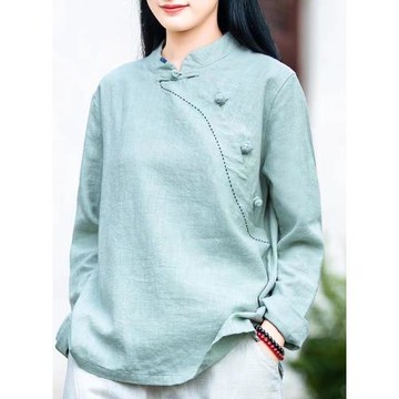 中式禪意茶服上衣秋季2025新款棉麻素衣女士盤扣襯衣復古立領襯衫