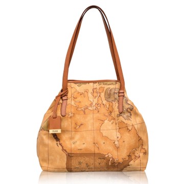 Alviero Martini 義大利地圖包 扣式長把手提肩背托特包(中)-地圖黃 春節 情人節