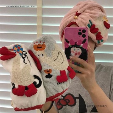 ins套頭頭巾干發帽加厚珊瑚發帽可愛卡通立體刺繡吸水浴帽速干