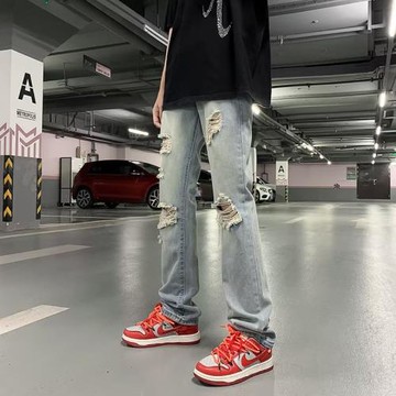 破洞牛仔褲男士新款薄款美式復古潮流高街寬松直筒休閑長褲子