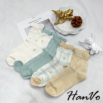 【HanVo】春季花邊透中筒襪 舒適親膚吸汗棉質襪 潮流時尚休閒襪 女生配件 A12-6212
