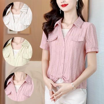 【Paiya派亞】假兩件時尚減齡短袖襯衫女夏季新款洋氣短款卡腰上衣漂亮雪紡小衫M-4XL可穿