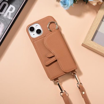 Aguchi 亞古奇 iPhone 14/14 Plus/14 Pro/14 Pro Max 馬鞍卡包手機皮套 附美妝鏡及皮質背帶 - 焦糖