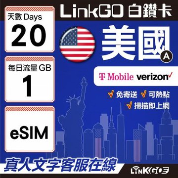 LinkGO白鑽卡 美國A eSIM卡 20天上網卡 每日1GB 高速流量(美國網卡 舊金山 洛杉磯 紐約 西雅圖)