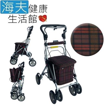 海夫健康生活館 YL 高度調整 煞車 摺疊 銀髮族 購物助行車 步行輔助車 紅色格紋(NO.335-02)