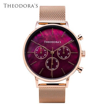 【THEODORA'S】Orpheus 三眼母貝金屬手錶[大錶面] 三眼母貝紅-米蘭玫金【希奧朵拉】
