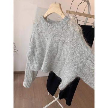 灰色鏤空馬海毛毛衣女秋冬季寬松軟糯慵懶風短款罩衫外搭針織上衣