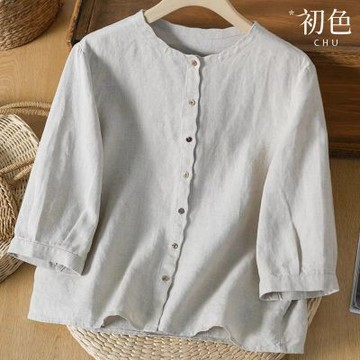 初色 文藝復古風棉麻寬鬆圓領七分袖單排釦T恤上衣女上衣-麻色-18983(M-2XL可選)