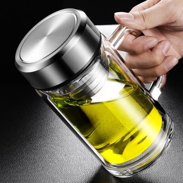 雙層手柄玻璃杯帶把辦公杯家用喝水杯男大容量泡茶杯帶蓋過濾杯子