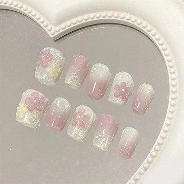 🎀台灣出貨🎀手工穿戴甲片鉆款可拆卸美甲片甜美花朵貓眼美甲仙氣指甲片