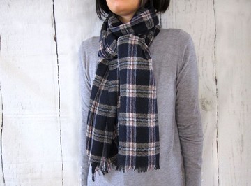 尾州織格紋羊毛紗大尺寸圍巾 寶藍色 披肩