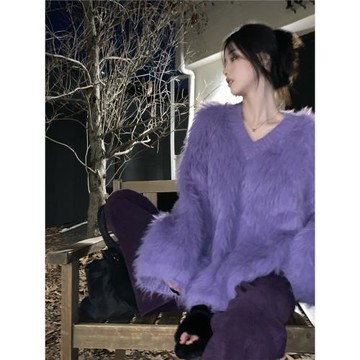 韓系慵懶風毛衣冬季女溫柔軟糯厚實奶fufu紫色水貂毛V領針織上衣