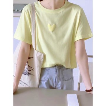 2024春夏糖果色米奇頭發泡立體膠印圓領薄款短袖T恤女淺黃色