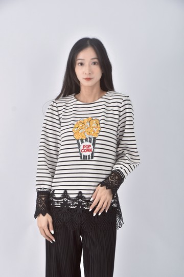 (S) 質感條紋白色長袖上衣