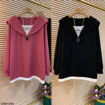 大碼女裝洋氣假兩件長袖T恤女春秋胖mm寬鬆顯瘦遮肉百搭上衣