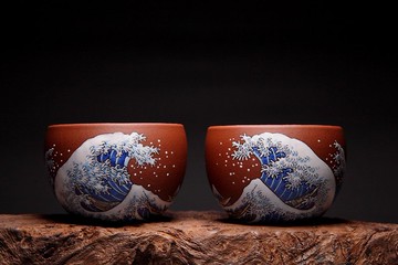 【搏海對杯】 吳郎大師釉上彩 小煤窯朱泥大紅袍 對杯120cc