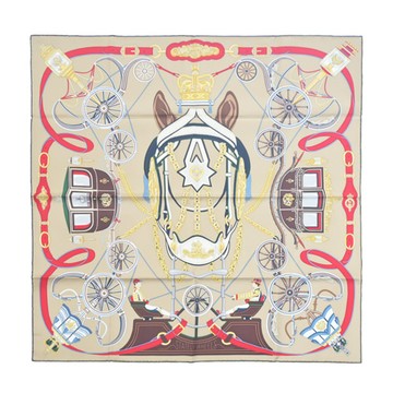 Hermes 愛馬仕 Stately Wheels 90 手工捲邊斜紋真絲方巾(沙/棕/紅)