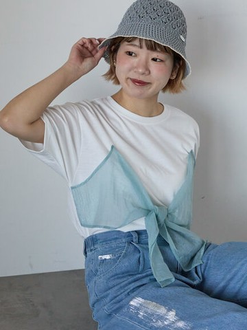 前蝴蝶結絲帶拼接短袖T恤(0F000707210) - ehka sopo