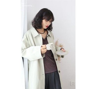 【8折清倉】單排扣風衣女 純棉寬松文藝長外套 方領落肩袖 春秋