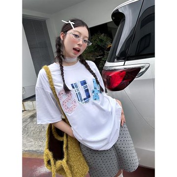 FORUYES官方店 夏季貼布繡格紋碎花潮情侶男女寬松打底衫T恤短袖