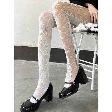夜間教習室漁網襪絲襪女春秋白色玫瑰蕾絲鏤空網襪側面連褲襪白絲
