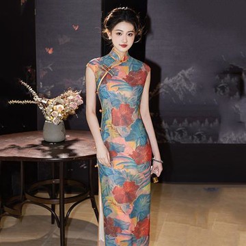 【米蘭精品】現貨+預購 新中式改良旗袍連身裙長裙A字裙百褶裙子大碼洋裝休閒女裝-彩花雅韻減齡絕美74mb9